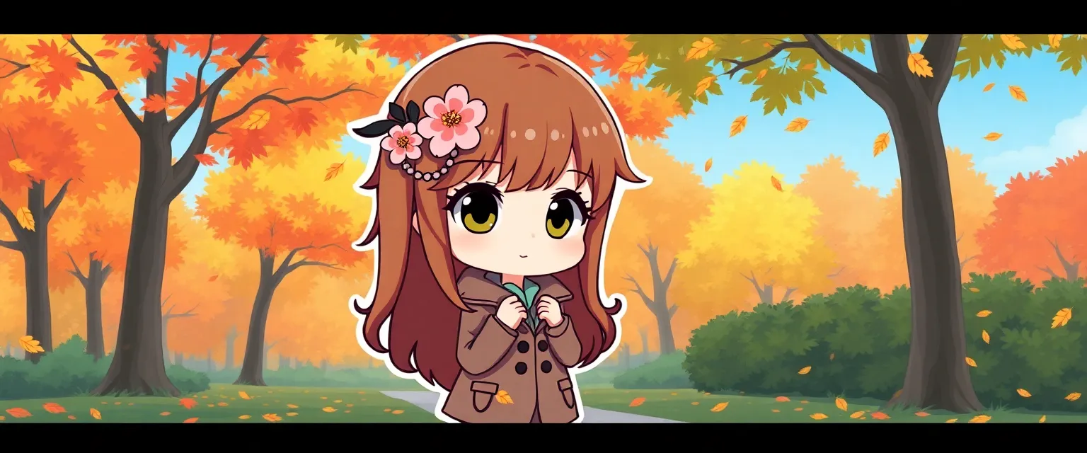 Illustration for: A drawing of a cute detective girl with a pink flower in brown hair standing in a park surrounded by colorful autumn leaves falling from trees. Chibi anime style.