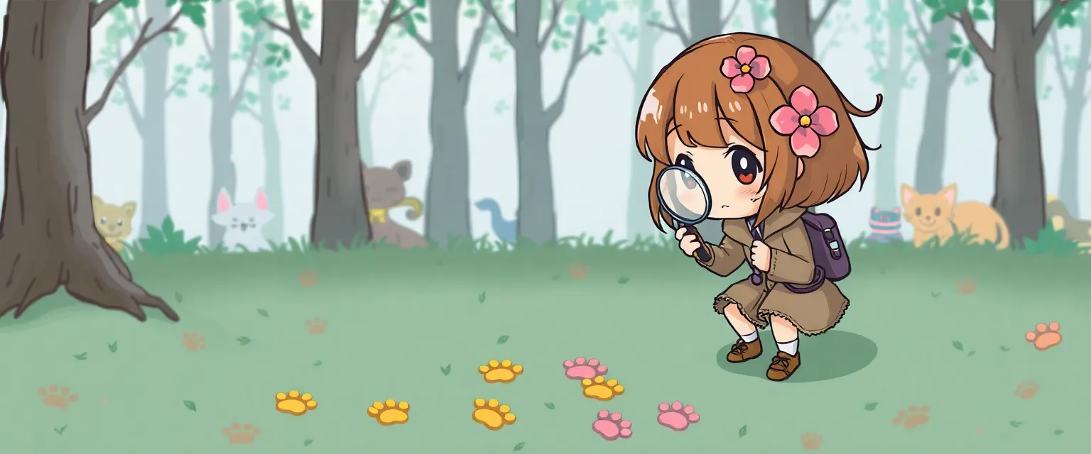 Illustration for: A drawing of cute detective girl with a pink flower in brown hair examining colorful paw prints on the ground with a magnifying glass. Magical creatures hiding behind trees in the background. Chibi anime style.