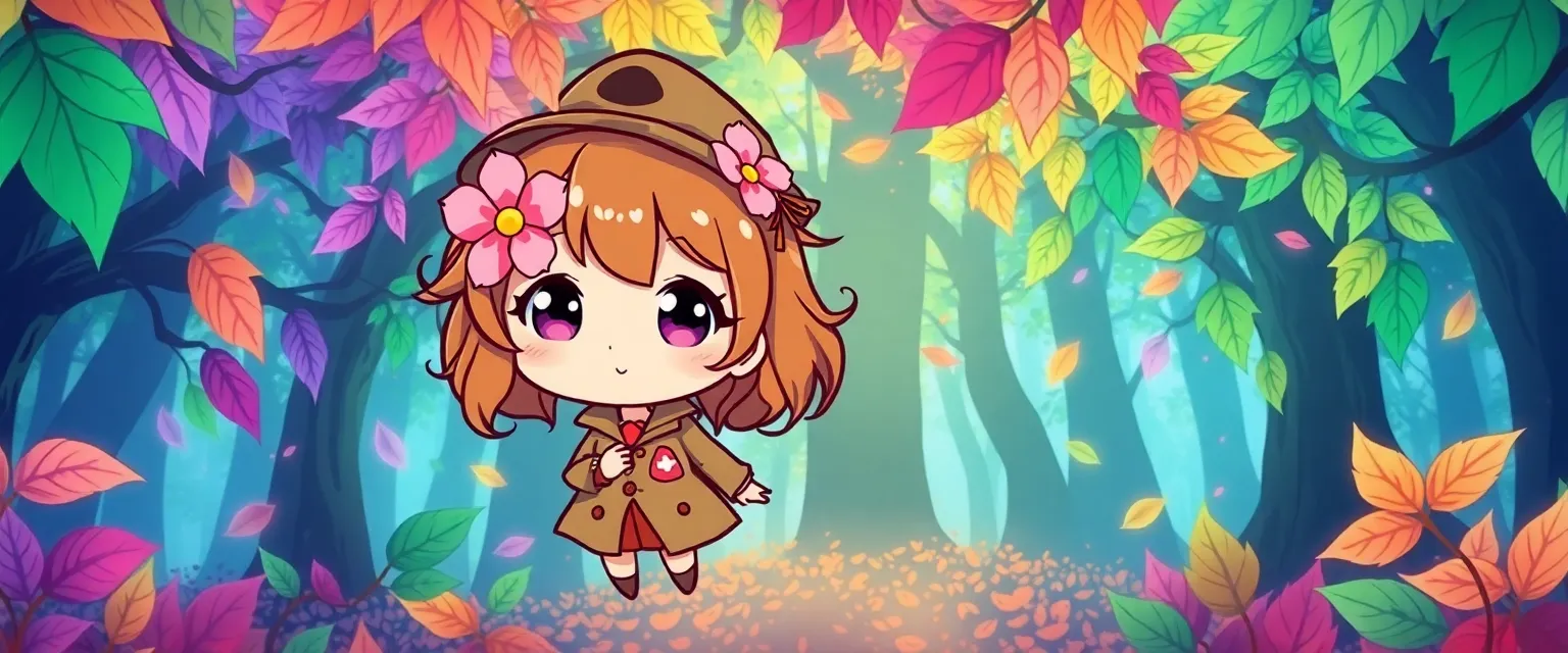 Illustration for: A drawing of cute detective girl with a pink flower in brown hair floating in a magical forest with swirling colorful leaves forming patterns in the air. Chibi anime style.