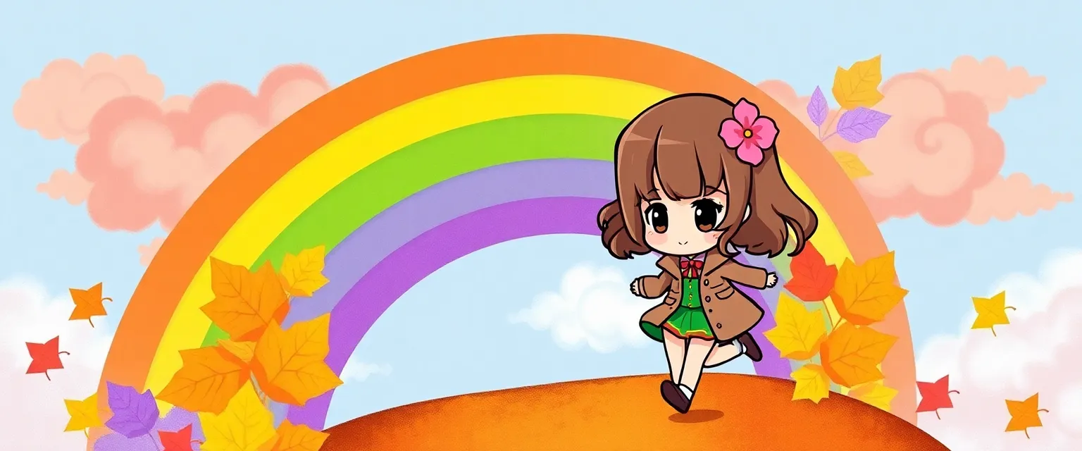 Illustration for: A drawing of cute detective girl with a pink flower in brown hair running on a vibrant rainbow bridge made of autumn leaves. Colorful clouds in the background. Chibi anime style.