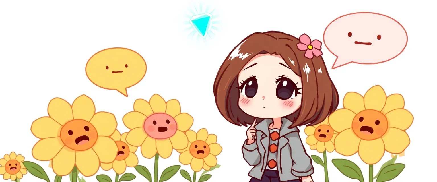 Illustration for: A drawing of cute detective girl with a pink flower in brown hair surrounded by talking flowers with faces. A glowing crystal floating above them. Chibi anime style.