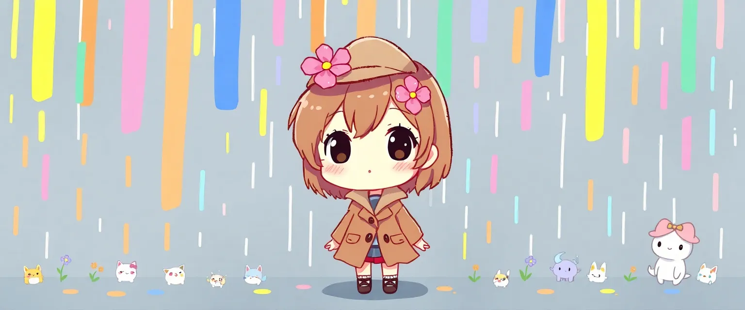 Illustration for: A drawing of cute detective girl with a pink flower in brown hair standing under colorful rain. Tiny magical creatures emerging from raindrops on the ground. Chibi anime style.