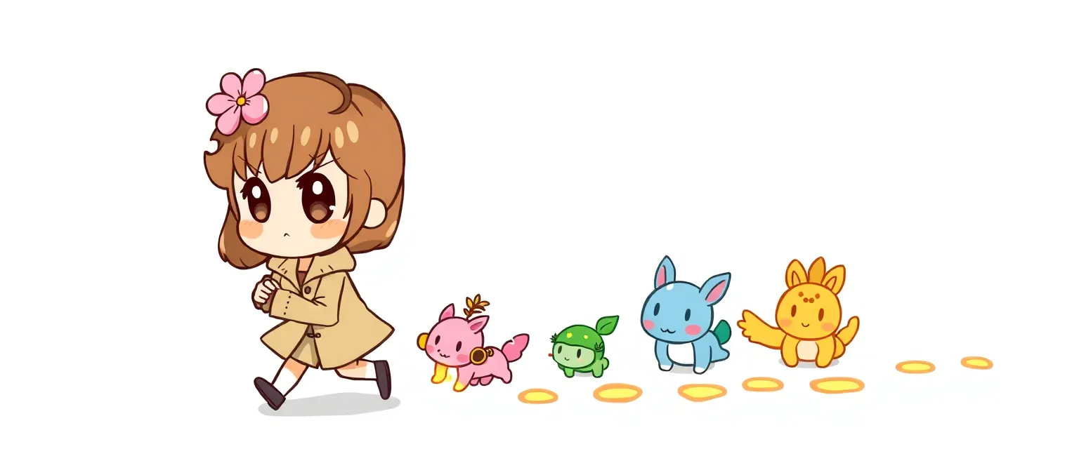 Illustration for: A drawing of cute detective girl with a pink flower in brown hair leading a group of small colorful magical creatures. They are following a trail of glowing footprints. Chibi anime style.