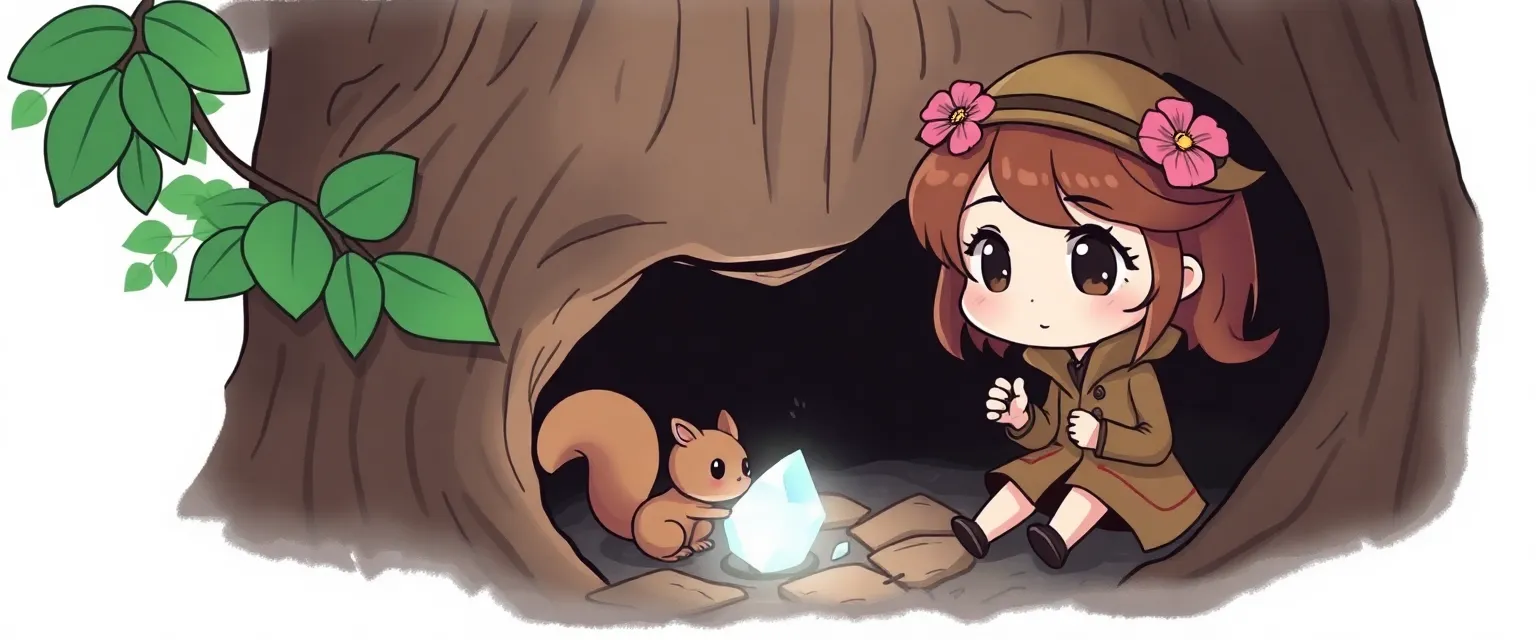 Illustration for: A drawing of cute detective girl with a pink flower in brown hair discovering a glowing crystal in a tree hollow. A mischievous magical squirrel nearby. Chibi anime style.