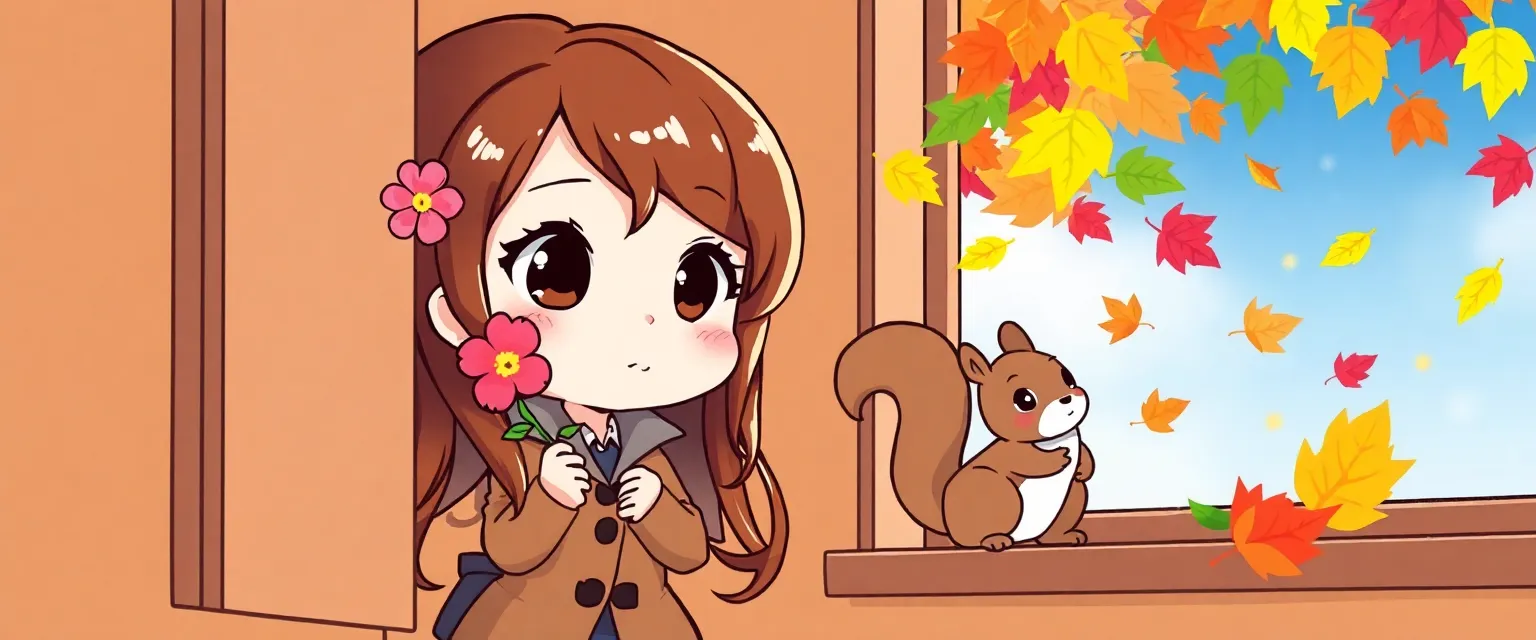 Illustration for: A drawing of cute detective girl with a pink flower in brown hair looking out a window at colorful leaves falling from the sky. A magical squirrel winking at her on the windowsill. Chibi anime style.