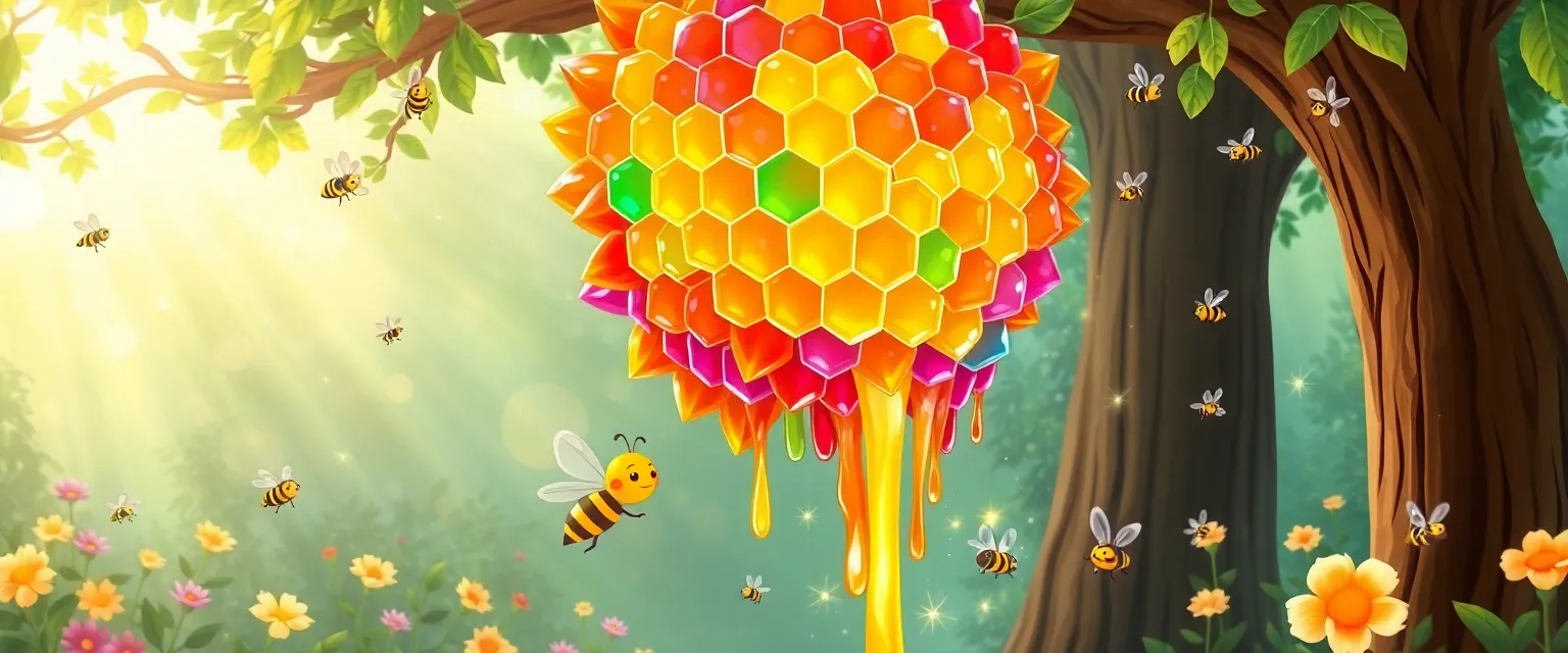 Moon, a small bee, is flying near a hive with rainbow honey.