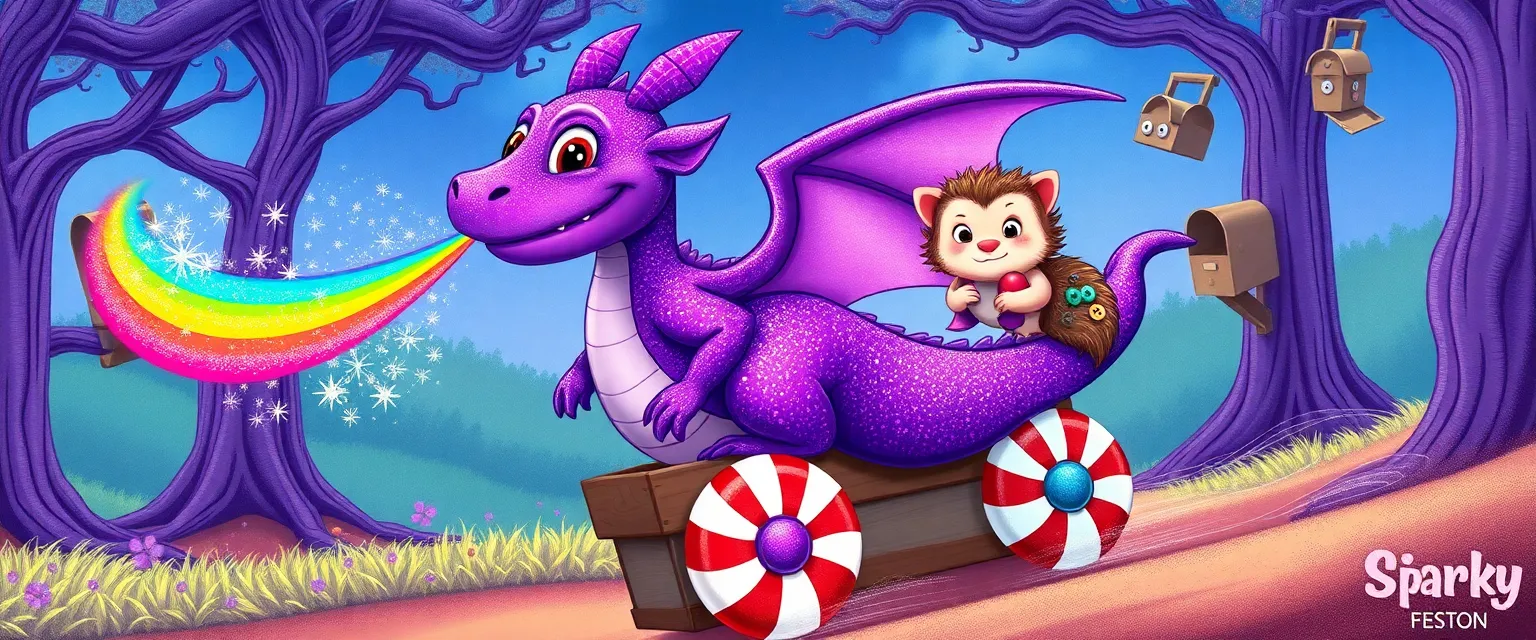 Dragon Sparky sneezes a rainbow while riding in a cart with a hedgehog.